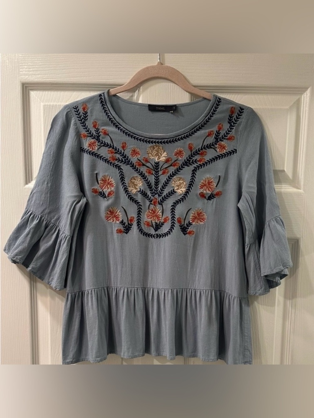 THML Slate Blue Ruffle-Hem Bell Sleeve Blouse